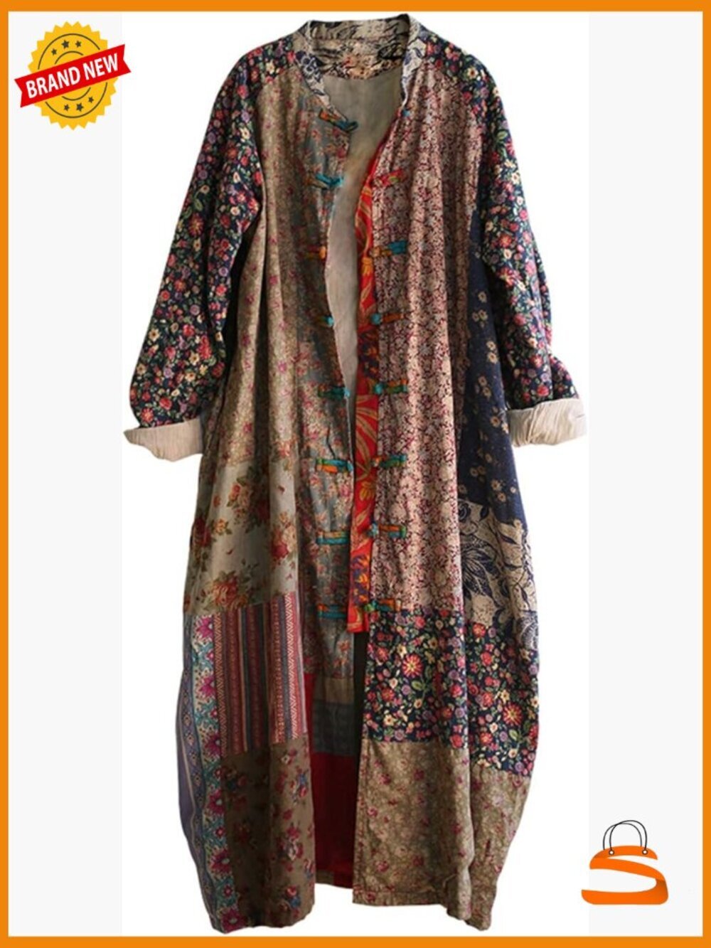 Cotton Linen Floral Print Trench Coat Patchwork Long Jacket